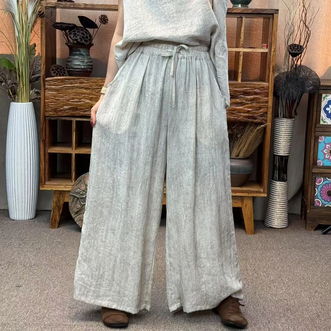 梦姐棉麻原创设计复古炒色抽绳暗纹阔腿直筒裤（裤长92臀围130）