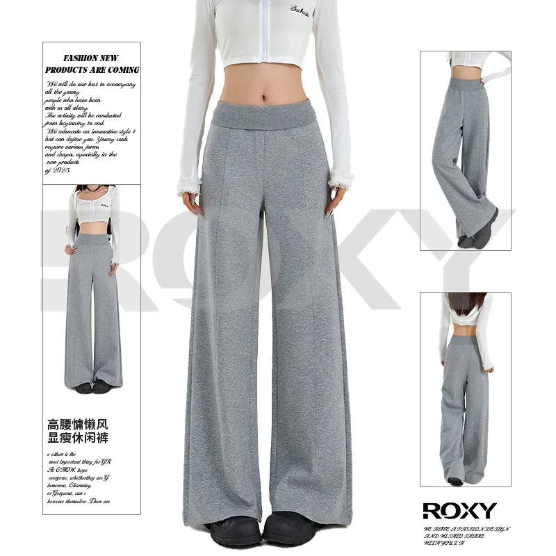 Roxy2025早春新款高腰美式加宽腰头休闲直筒裤裤宽松慵懒阔腿裤子