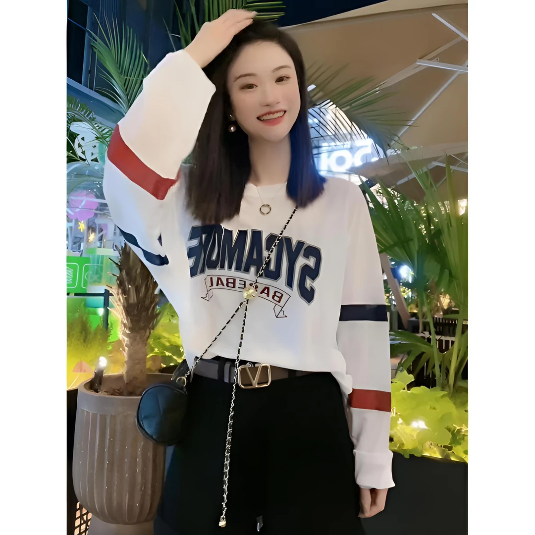 韩版条杠撞色长袖T恤女夏季新款创意字母印花宽松薄款防晒衫上衣