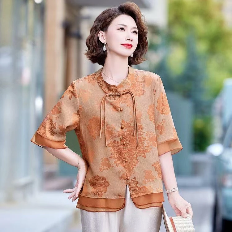 25年新款新中式高定国风时尚妈妈套装夏季时尚洋气提花复古显瘦03