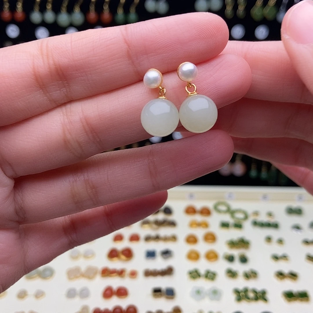 和田玉银S925镶嵌耳饰