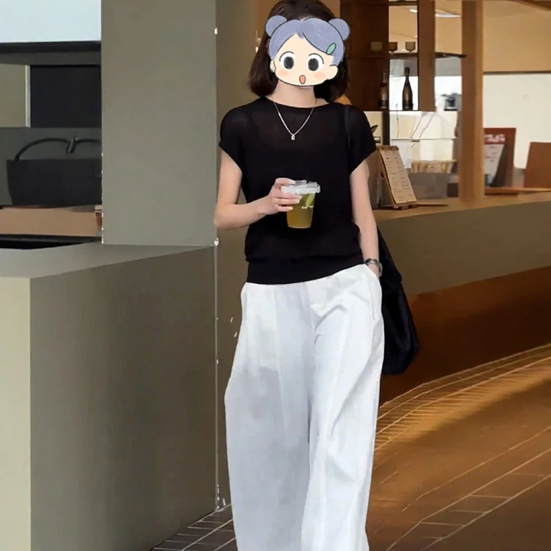 夏季搭配一整套女2025新款休闲时尚百搭黑色短袖白色阔腿裤两件套