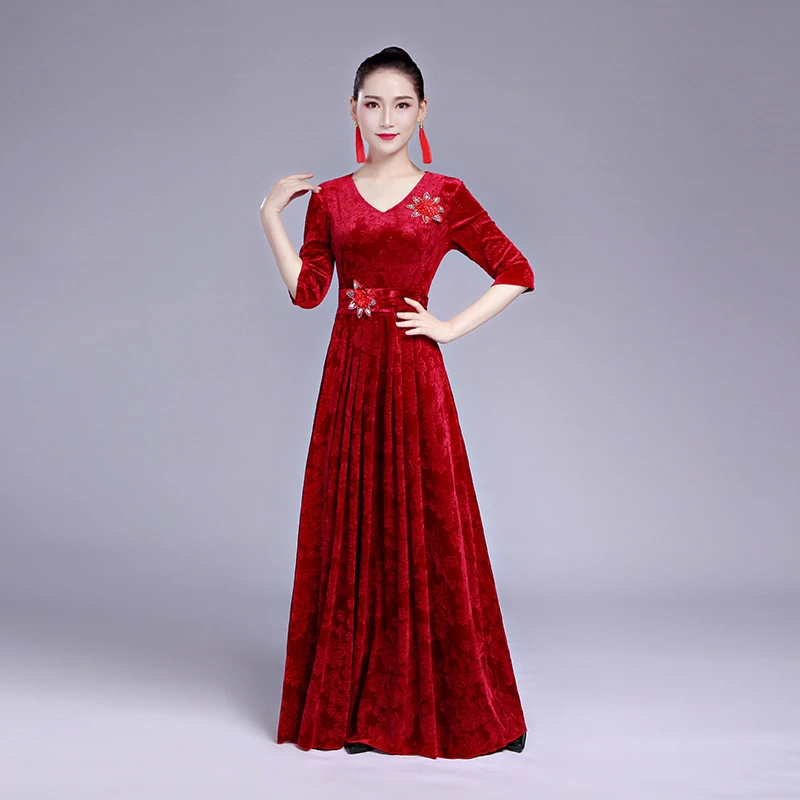 金丝绒大合唱演出服合唱服长裙新款成人红色中老年合唱团指挥服装