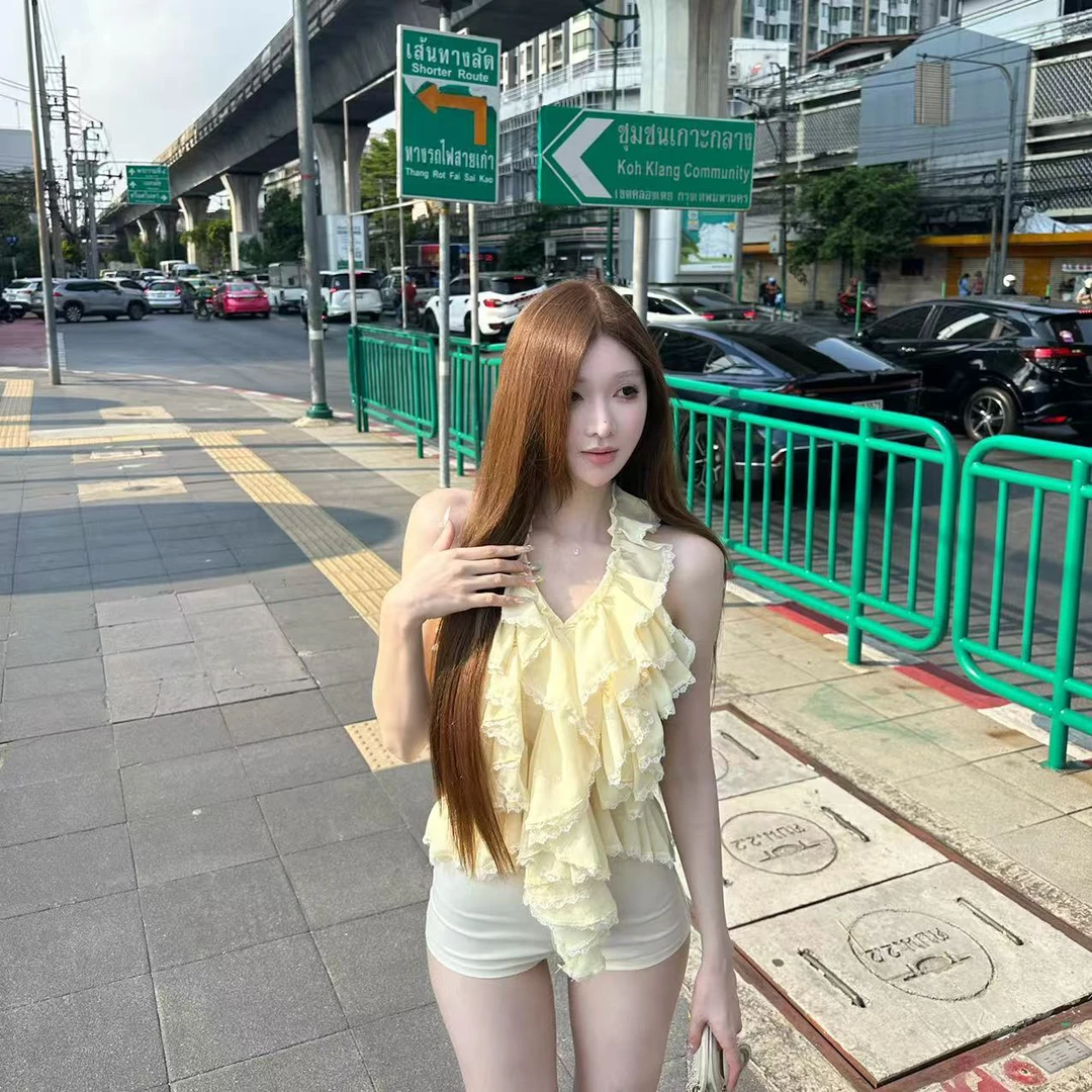 素铂舟舟【茉海】蕾丝荷叶边无袖上衣