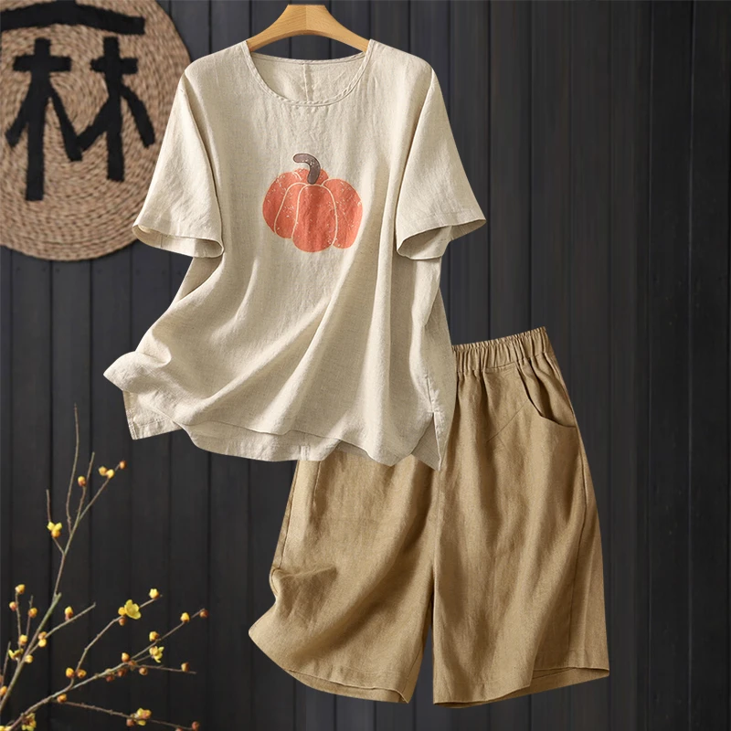 时尚休闲减龄苎麻短袖套装女夏季洋气高端显瘦亚麻t恤短裤两件套
