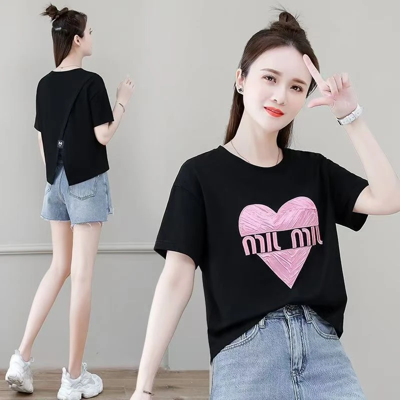 夏季新款时尚圆领后背开叉短袖T恤女百搭设计感洋气显瘦上衣