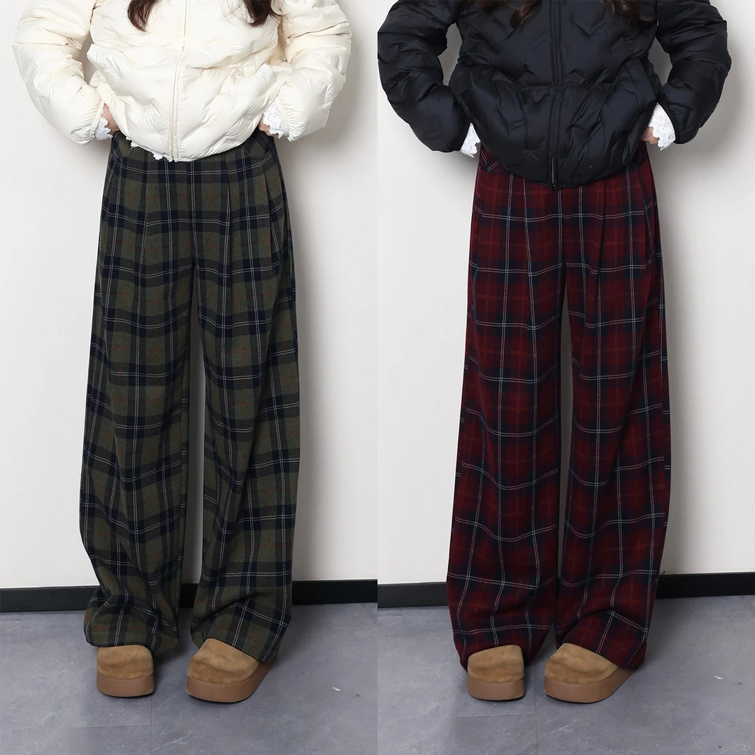 QC宣宣【格纹爱好者】微胖大码女秋冬百搭显瘦休闲阔腿裤ZY412J23