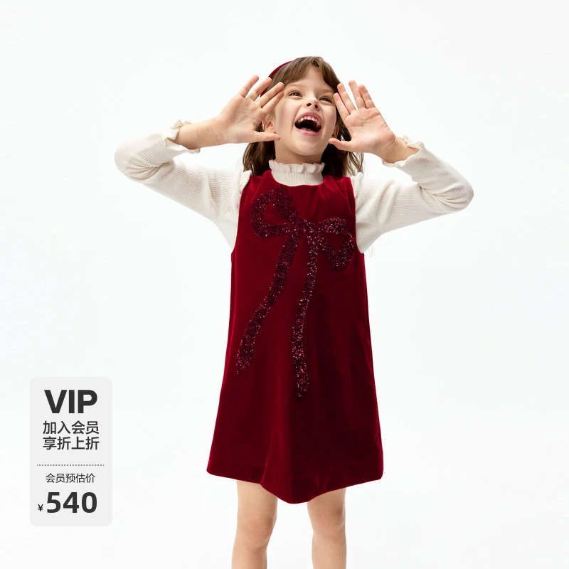 littlemoco童装25冬装新款女童蝴蝶结丝绒连衣裙无袖裙子