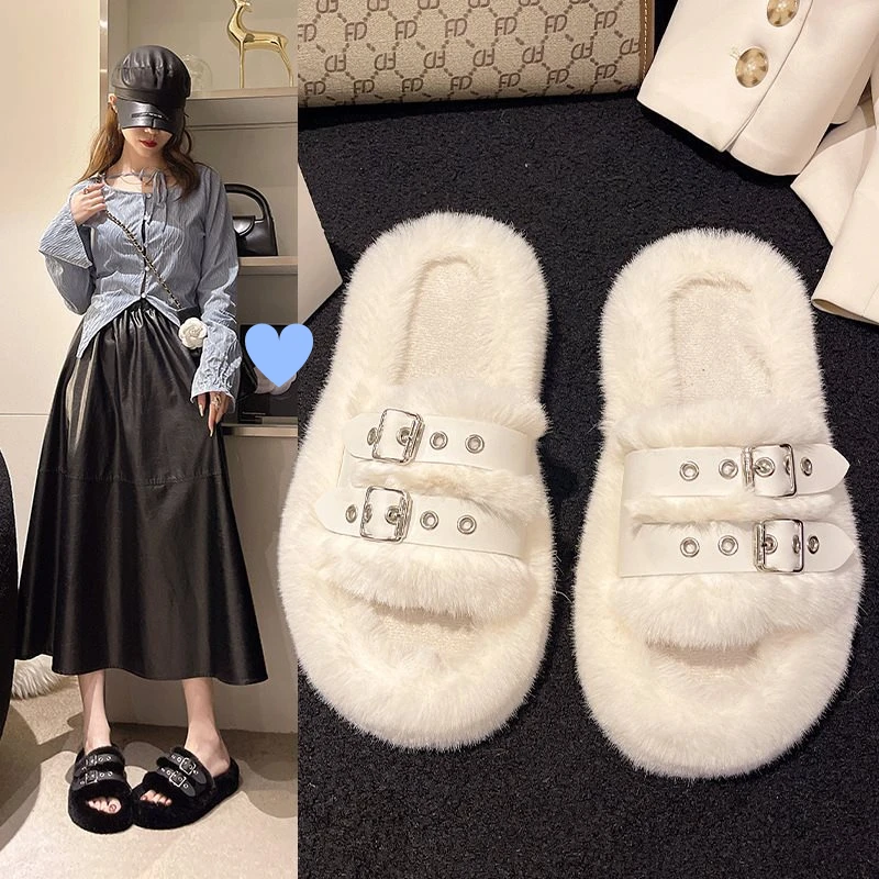 【SJ】2025新款毛毛拖鞋包臀裙女平底网红百搭棉拖鞋女外穿女款保暖