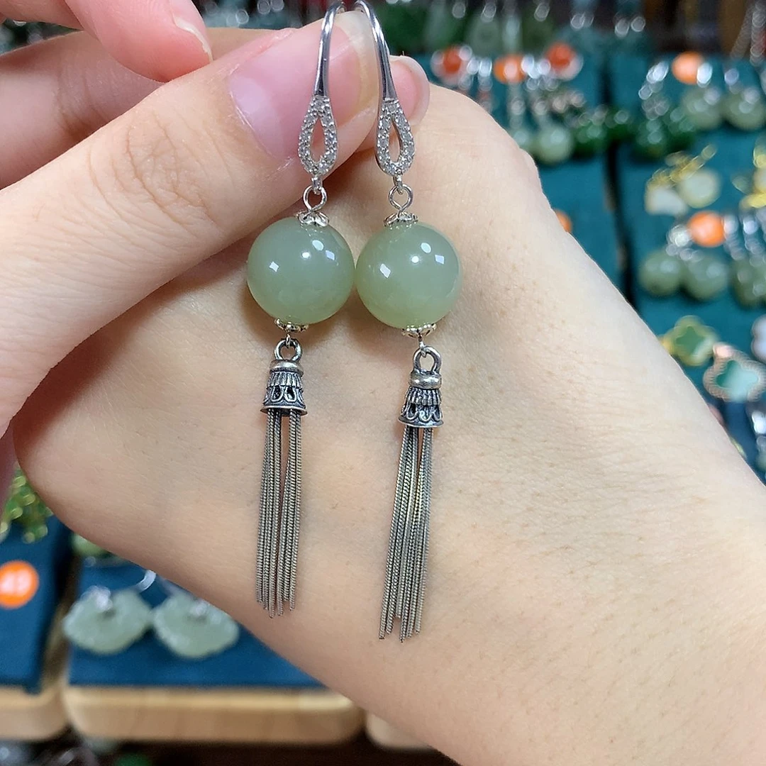 和田玉银S925镶嵌耳饰卡12左右