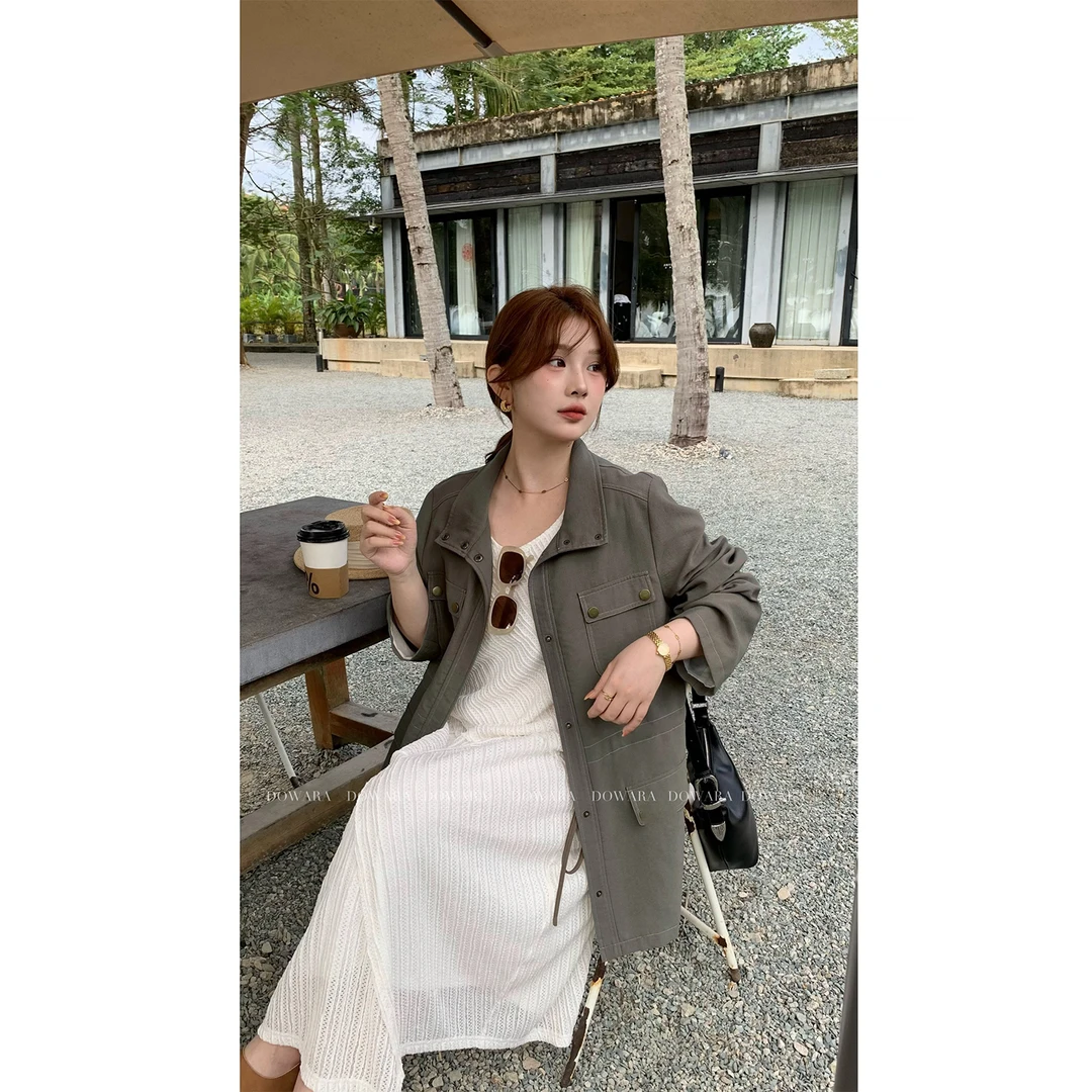 现货大婉酱微胖定制军绿色工装外套女早春新款翻领夹克上衣 7566D