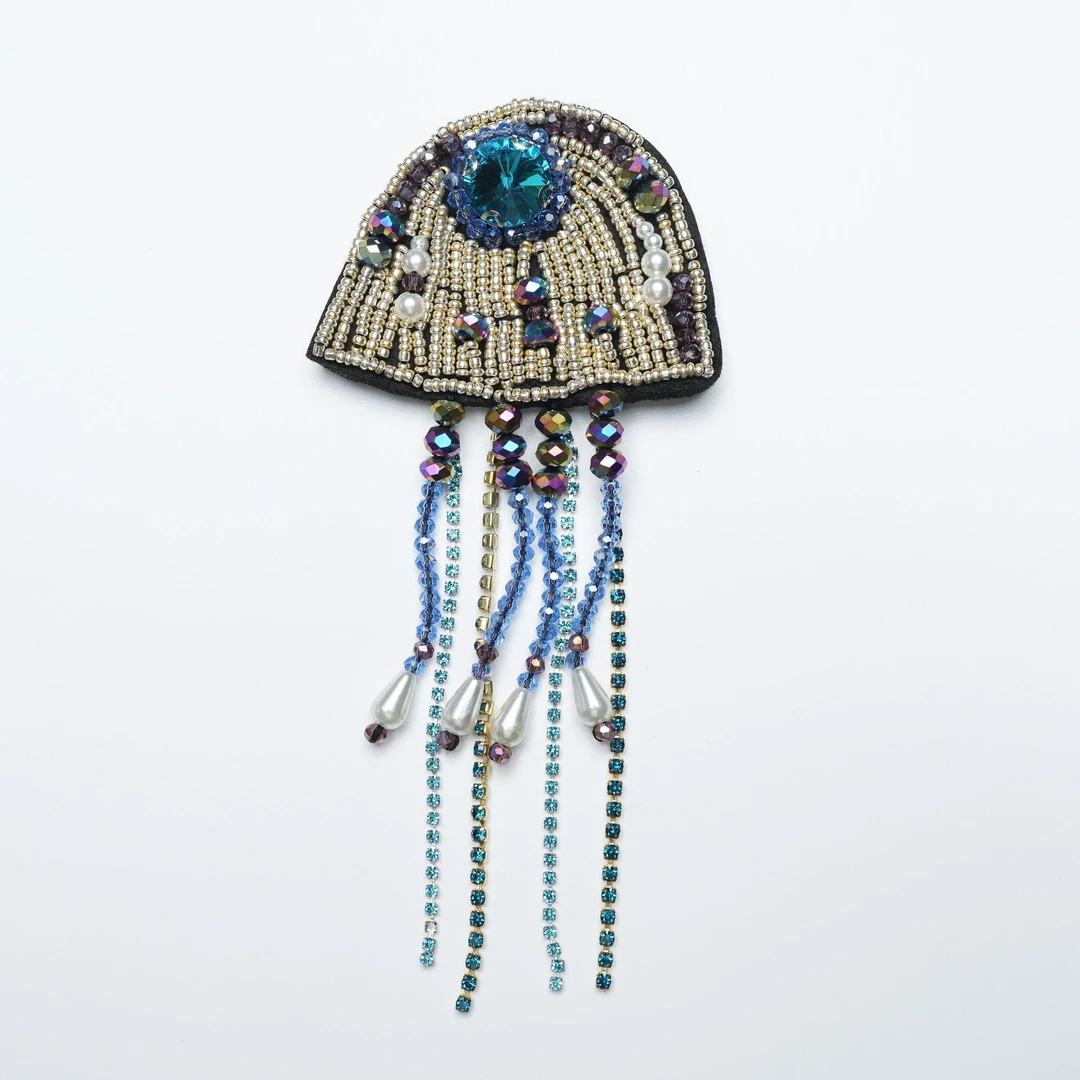 1件6.5x14cm水母流苏手工钉珠无背胶补丁贴包衣服帽子装饰补丁贴