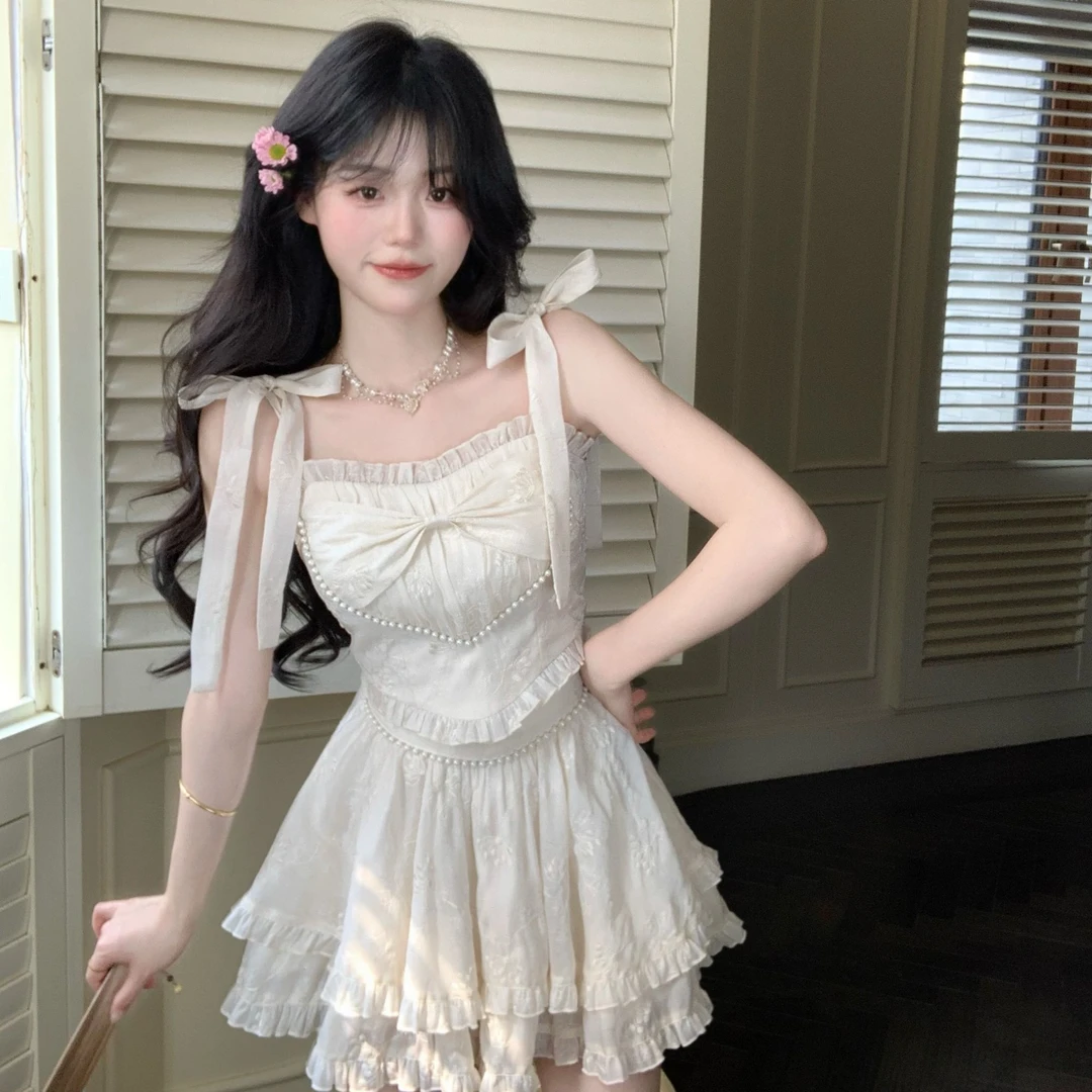 Blovelan甜杏乳酪 蝴蝶结甜美吊带套装木耳边裙摆半裙