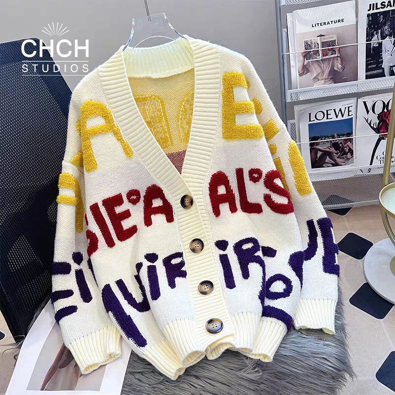 RAQKS11310秋冬网红同款韩版时尚字母刺绣百搭针织开衫女