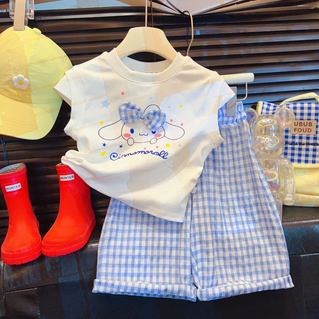 女宝专属夏季新款玉桂狗蝴蝶结短袖+蓝色格子裤休闲百搭爆款套装