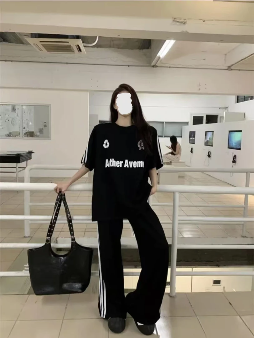 美式复古休闲运动套装女胖MM字母印花t恤阔腿长裤两件套99220