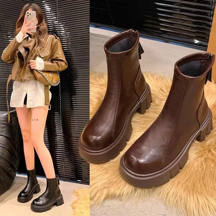 厚底大头马丁靴女鞋2025年新款瘦瘦秋冬洋气棕色短靴子女士英伦风
