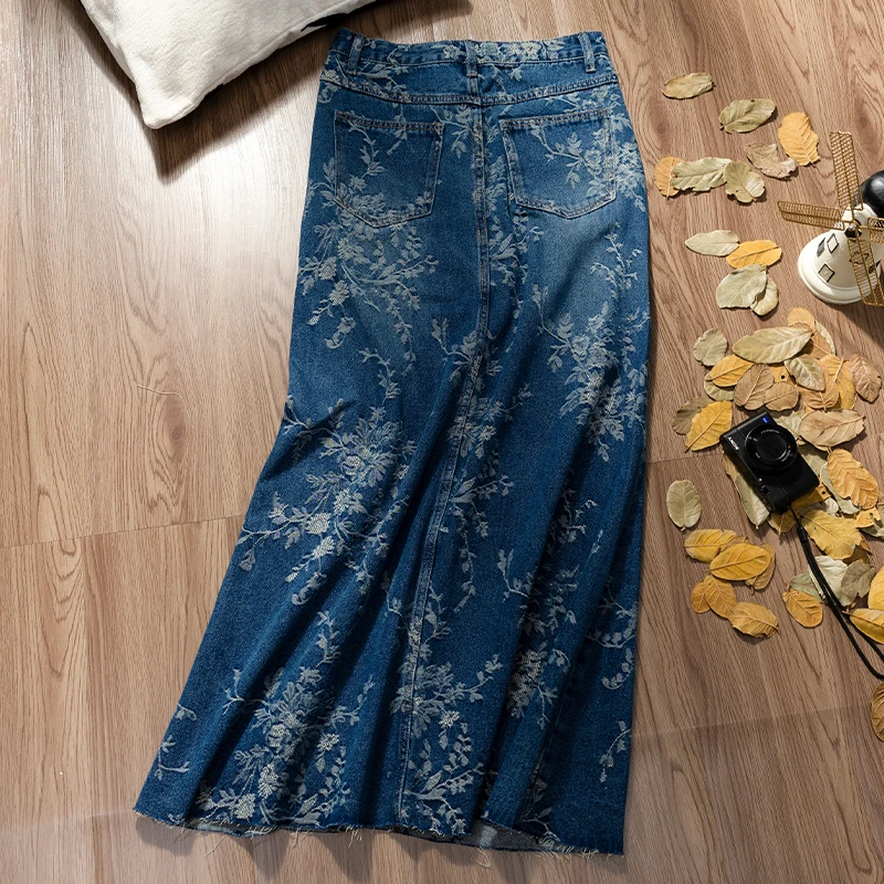 提花长款半身裙长裙女2025年夏季刺绣印花绣花高腰薄款垂感牛仔裙