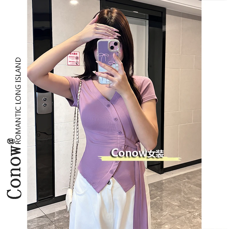 彩诺夏季设计感上衣修身显瘦简约风短袖法式绑带不规则气质V领T恤