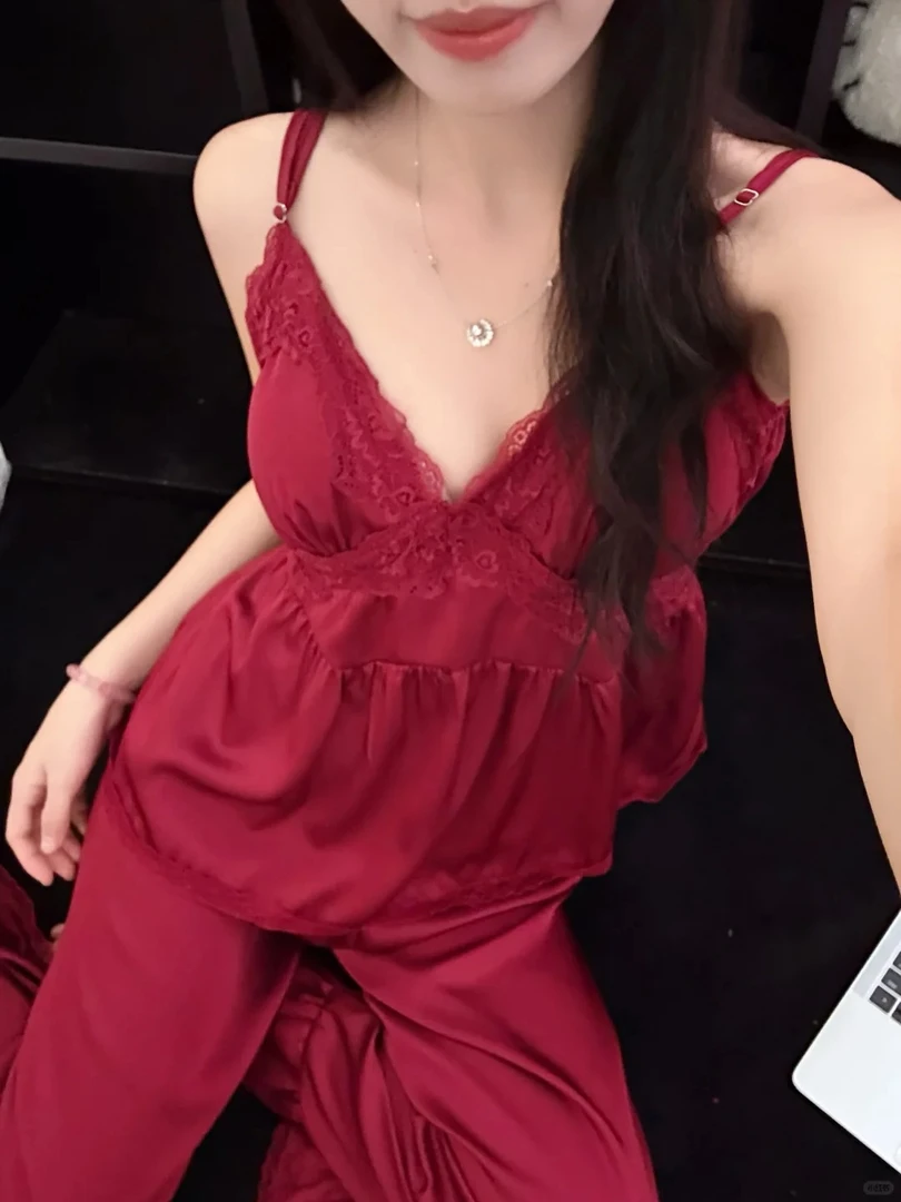 【甜美蕾丝边】网红同款冰丝睡衣女春秋款吊带长袖长裤套装家居服女