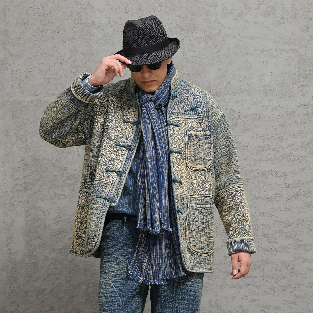 西里布C097蓝染刺子拼接唐装外套中式复古立领盘扣国潮男水洗拔染