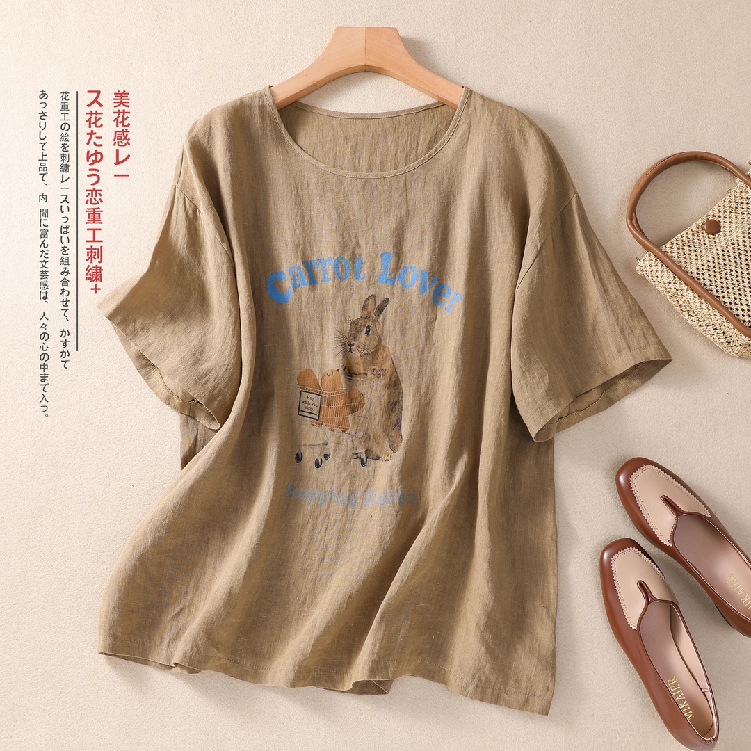 2025夏季新款文艺亚麻短袖衫女宽松印花复古套头衫休闲百搭T恤衫