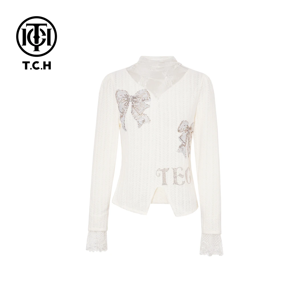 TCH【柔软舒适】秋冬时尚烫钻米色休闲风女装针织衫T75D02E1017