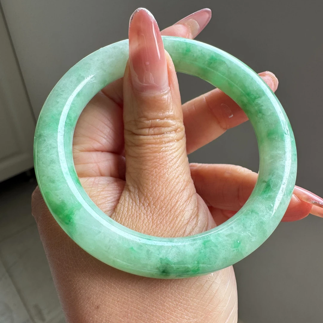 56圆条老坑老料绿底飘花阳绿白底青缅甸A货翡翠手镯送证书D716