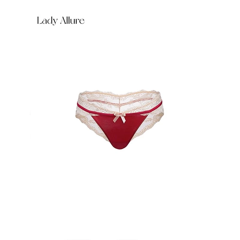 「LA」烟熏玫瑰*法式性感蕾丝红色女中低腰轻奢缎面气质三角内裤