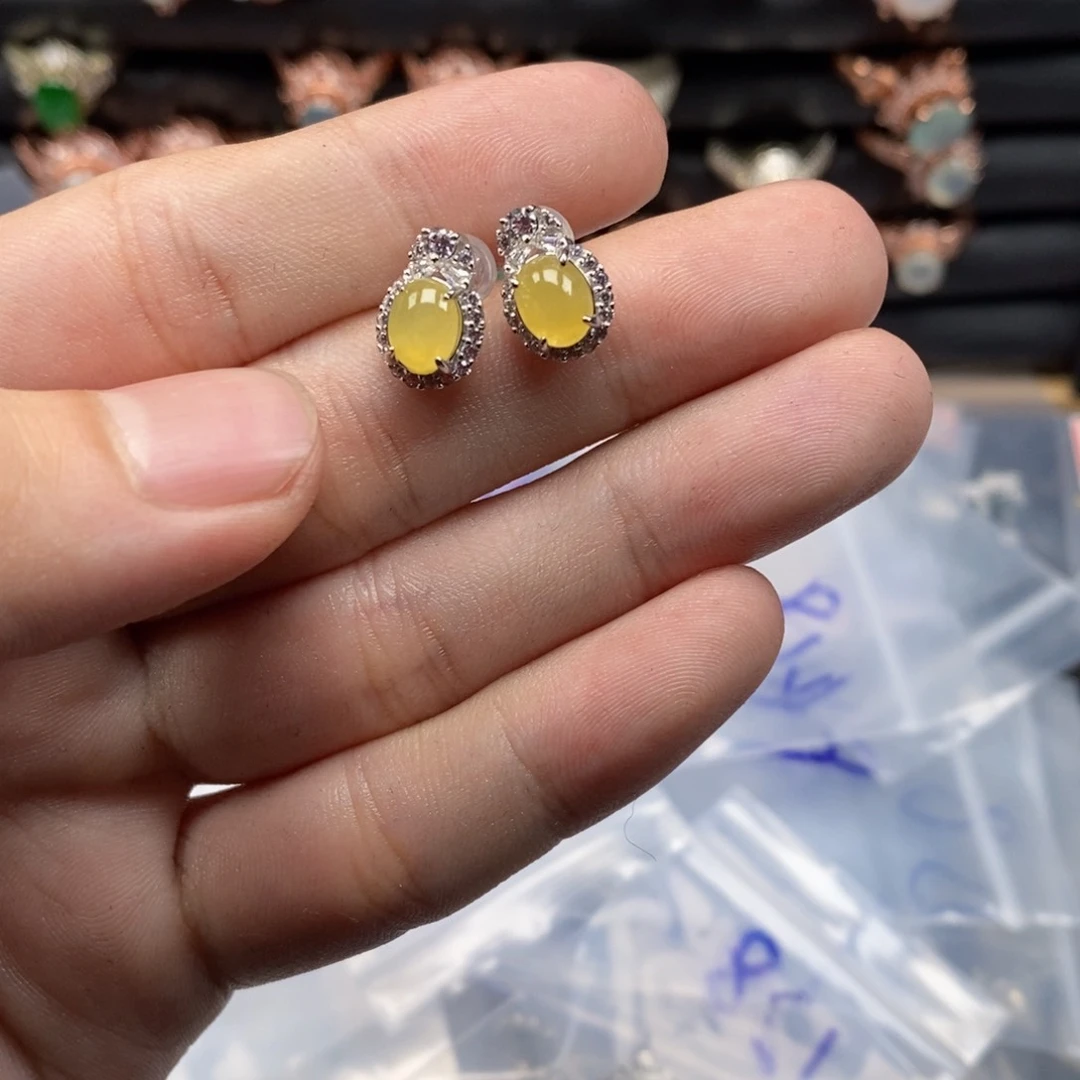 翡翠耳饰银S925镶嵌天然缅甸翡翠A货