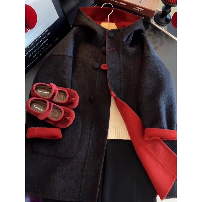 女童羊绒大衣双面穿毛呢外套中长款2025新款冬季儿童加绒加厚衣服