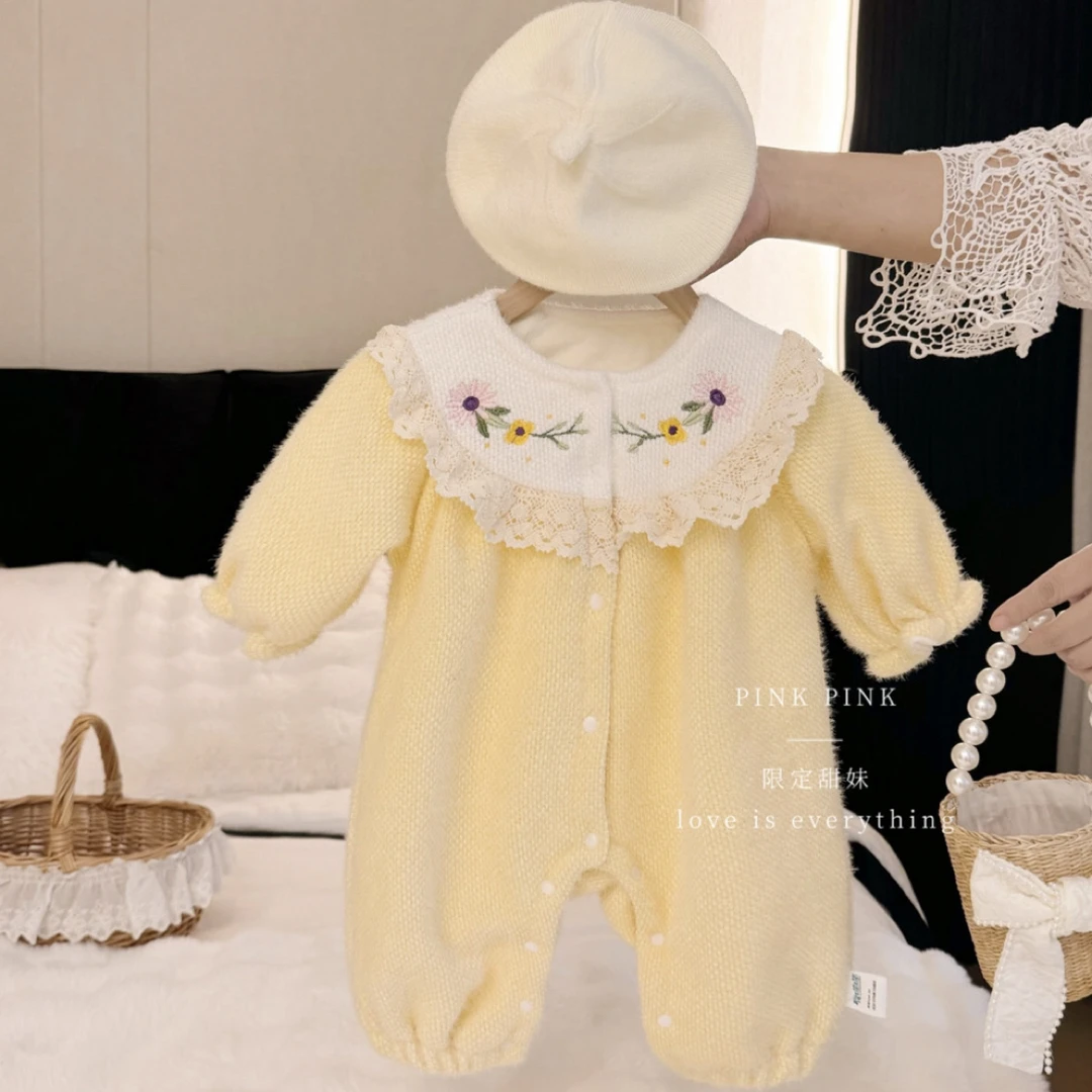淡黄花蕾｜女宝宝甜美可爱淡黄蕾丝边连体衣爬服秋季款