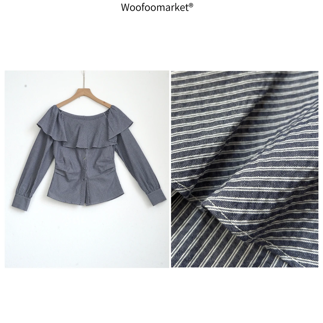 清清【海街日集】荷叶领条纹一字肩褶皱收腰衬衣女春季 CY690