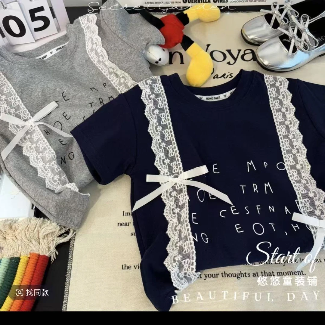 2025夏季新款女童洋气蕾丝上衣韩版设计休闲短袖打底衫