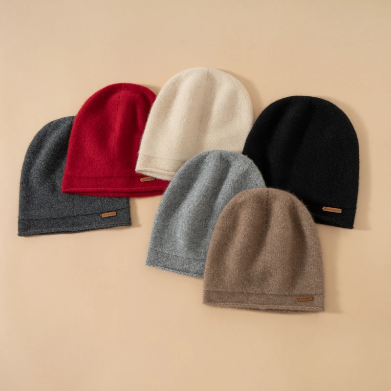 秋冬季新款卷边针织帽圆顶保暖帽子冷帽男士户外纯色山羊绒包头帽