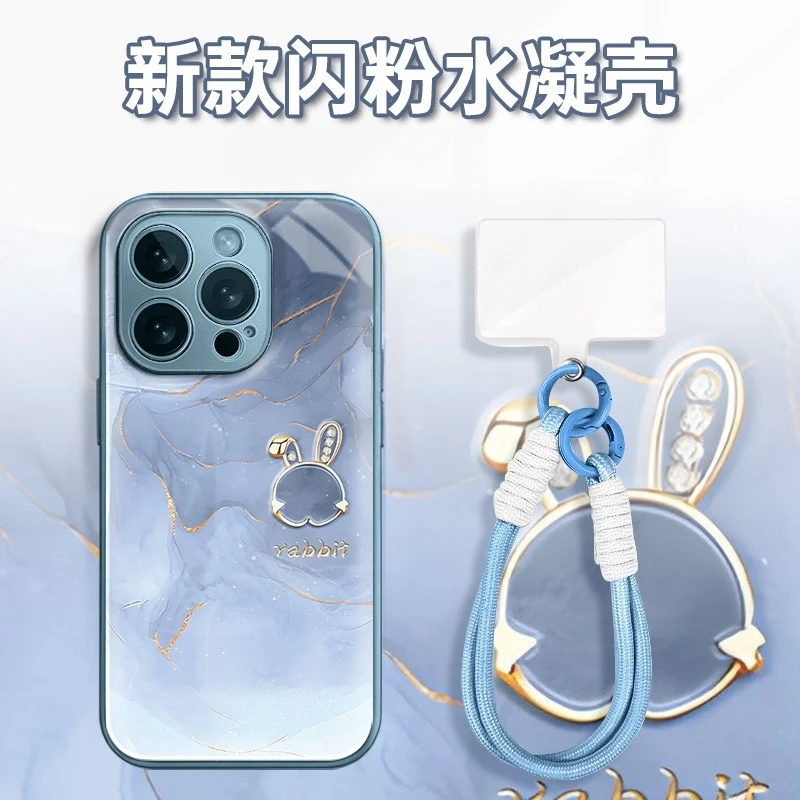 蓝金水墨兔头水凝玻璃壳适用iPhone苹果16手机壳华为oppo小米vivo