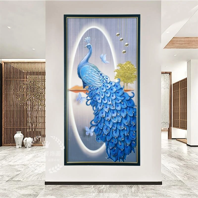 M19孔雀吉祥-玄关时尚轻奢纯手工钢化玻璃装裱高端过道走廊装饰画