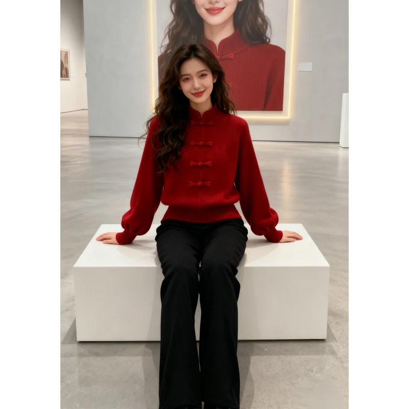 新年跨年穿搭新中式国风立领针织毛衣秋冬季大码胖MM慵懒软糯上衣