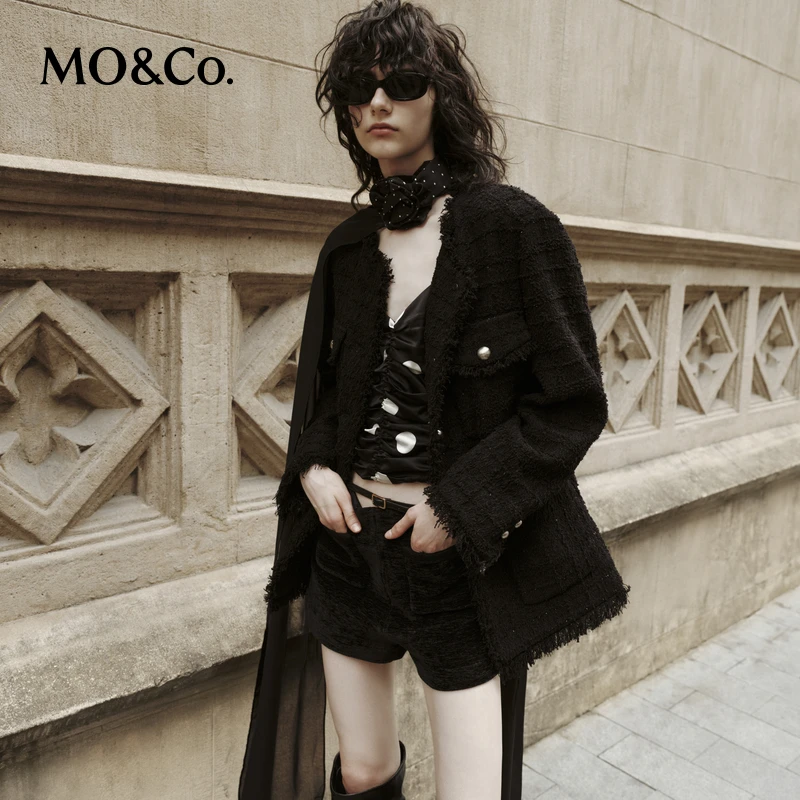 【陈嘉尔专属】MOCO秋编织肌理手工流苏闪葱垫肩箱型外套MBC3COTK06