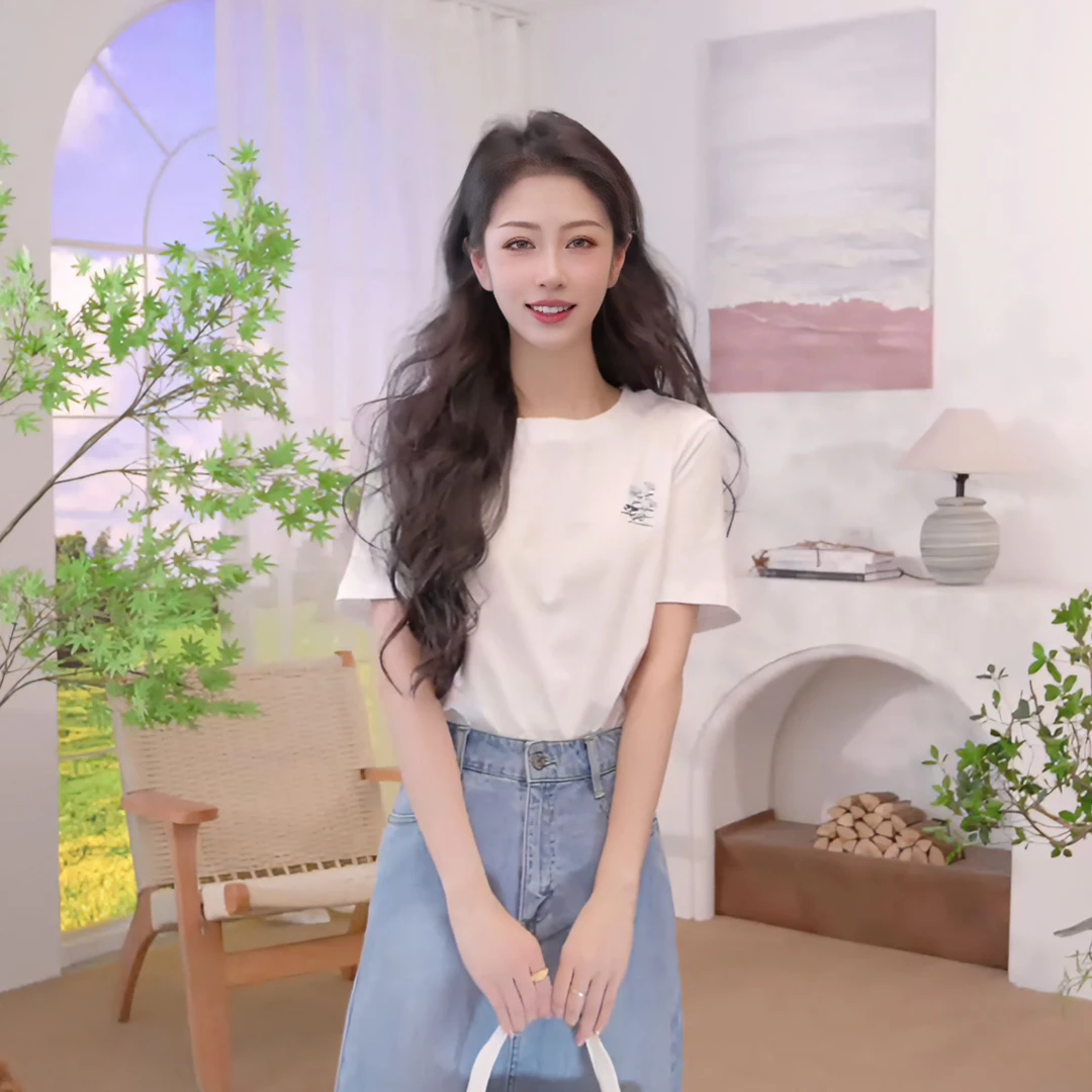 茵曼纯棉简约百搭绣花白T恤女2025秋季舒适休闲宽松显瘦短袖上衣