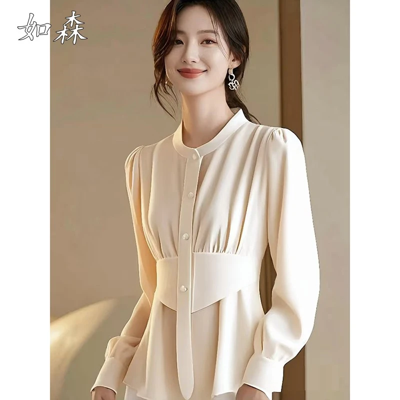 杏色收腰圆领打底丝绒衬衫女早春法式温柔风修身别致外穿小衫上衣