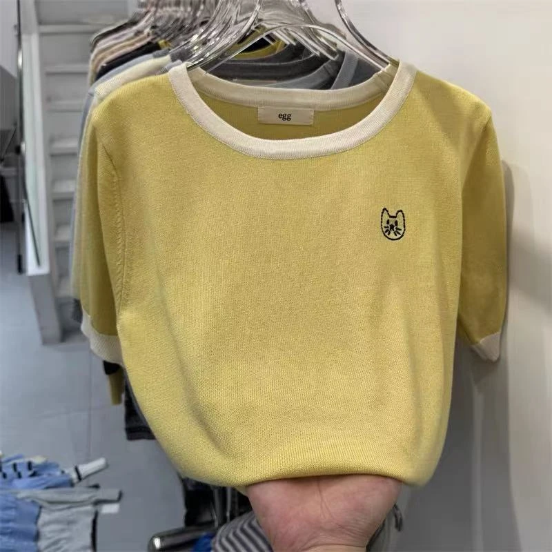 eg撞色小猫咪圆领时尚百搭修身针织短袖90104