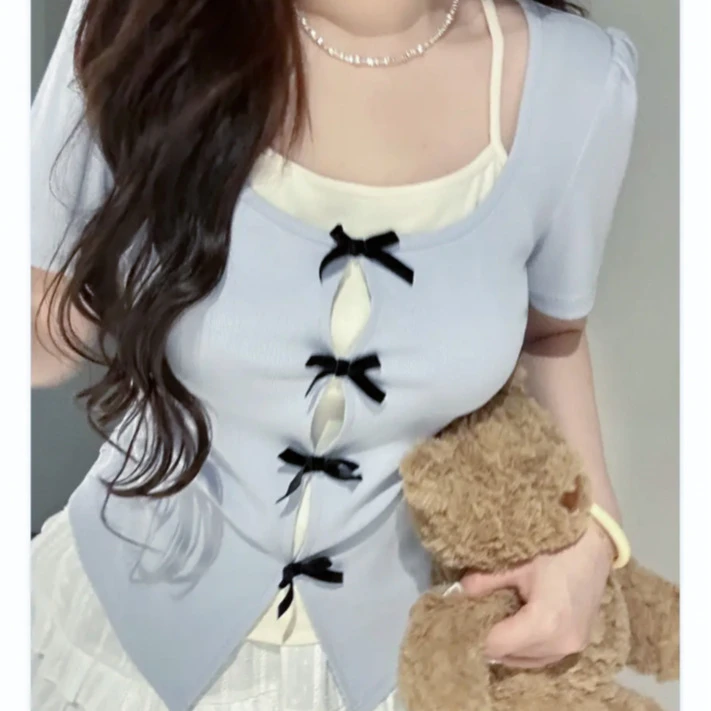 夏日潮流显瘦拼接短袖T恤小众设计感百搭辣妹风格气质短款性感