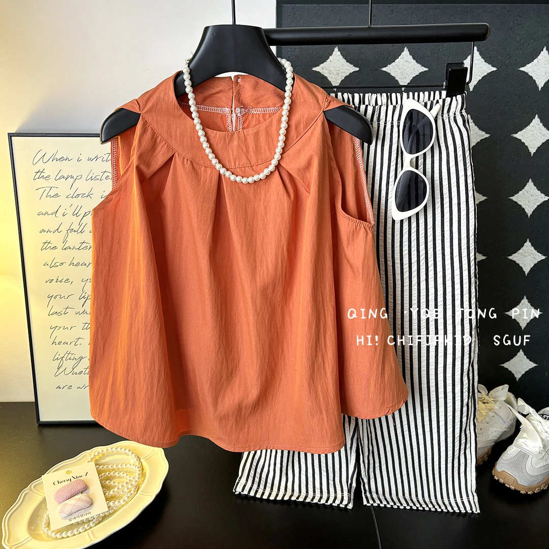 女童时髦套装2025夏季无袖洋气背心裙条纹裤薄款儿童夏装两件套潮