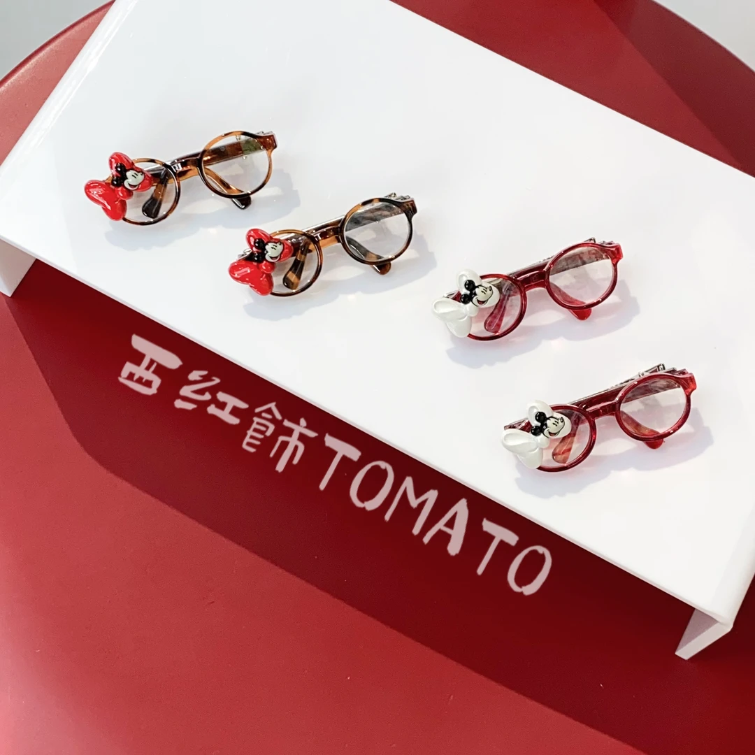 西红饰TOMATO韩国东大门百搭可爱卡通蝴蝶结豹纹橙色眼镜鸭嘴夹
