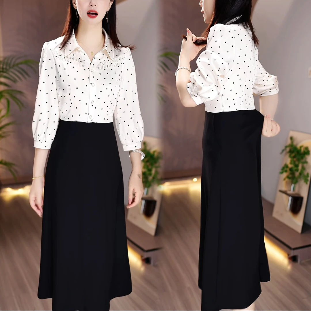 时尚拼接假两件显瘦连衣裙早秋季新款气质波点设计感POLO领裙子女