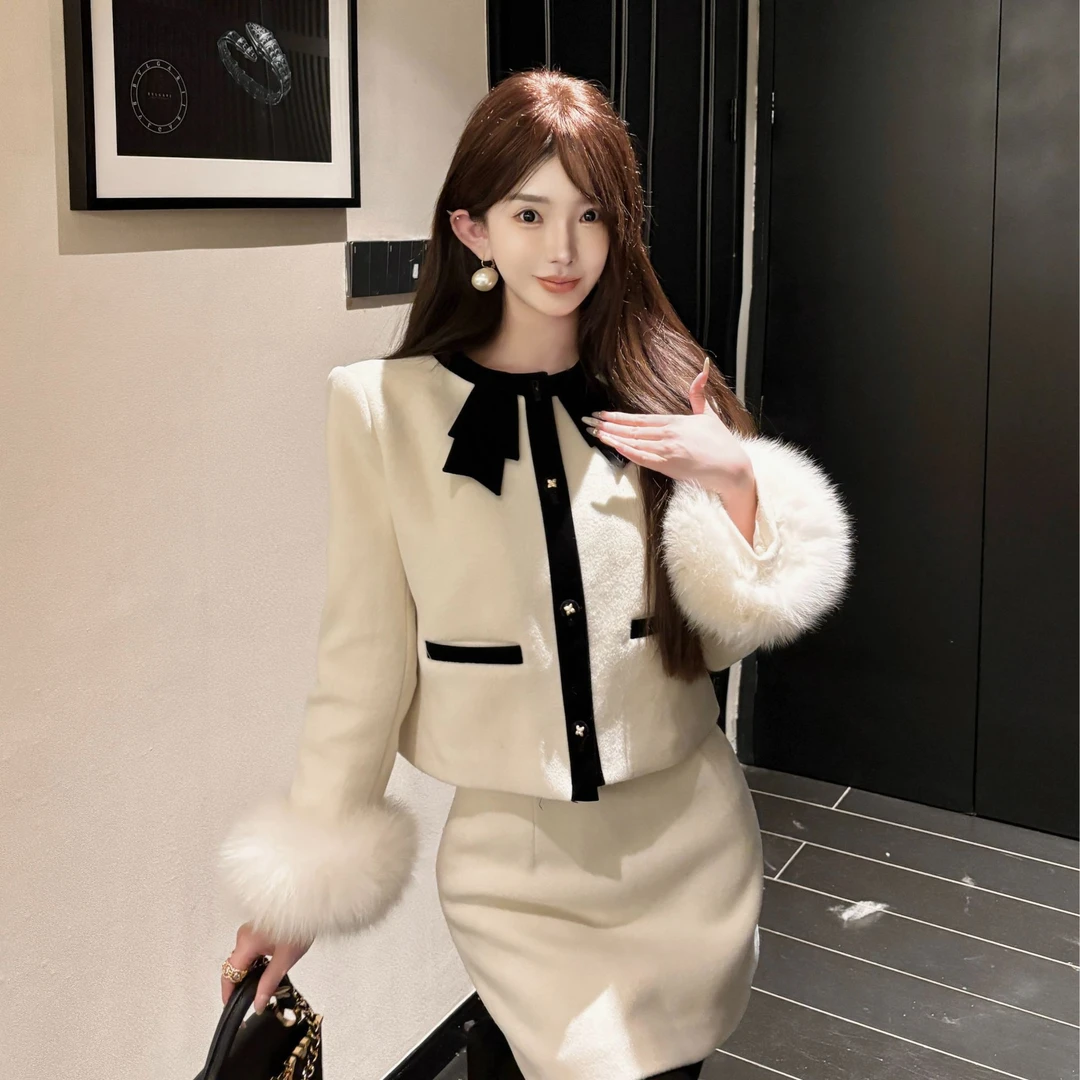 GUIDI GUDI【琴键时光】秋冬小香风羽绒服外套两件套套装/黄加蓝