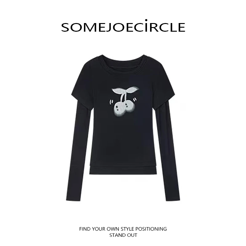 SOMEJOECIRCLE【樱桃】25秋新款动感樱桃绵羊毛假两件T恤上衣Z7484