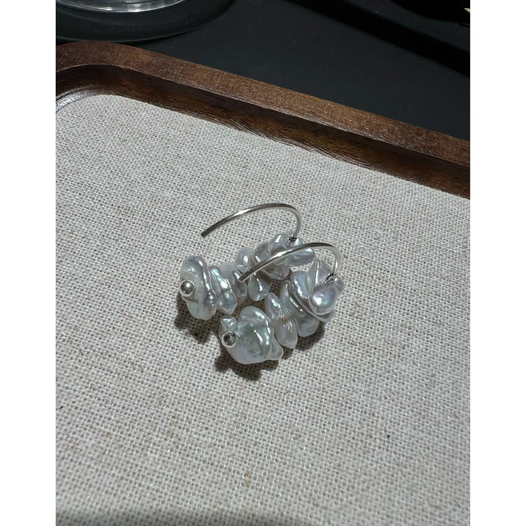JUNMU天然淡水花瓣珍珠耳环不规则巴洛克耳饰925银法式复古耳坠