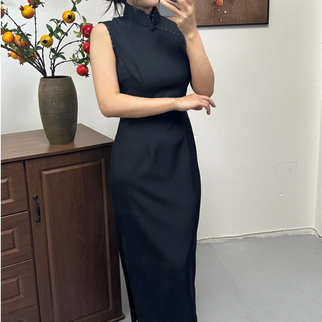 锦暮溪l上新2025复古港风旗袍手串珠130长纯色竖条纹古法旗袍收腰